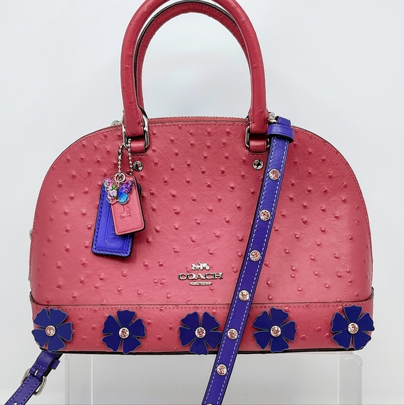 Upcycled Coach Mini Sierra Satchel Ostrich Embossed Strawberry Pink w Purple - Picture 1 of 17